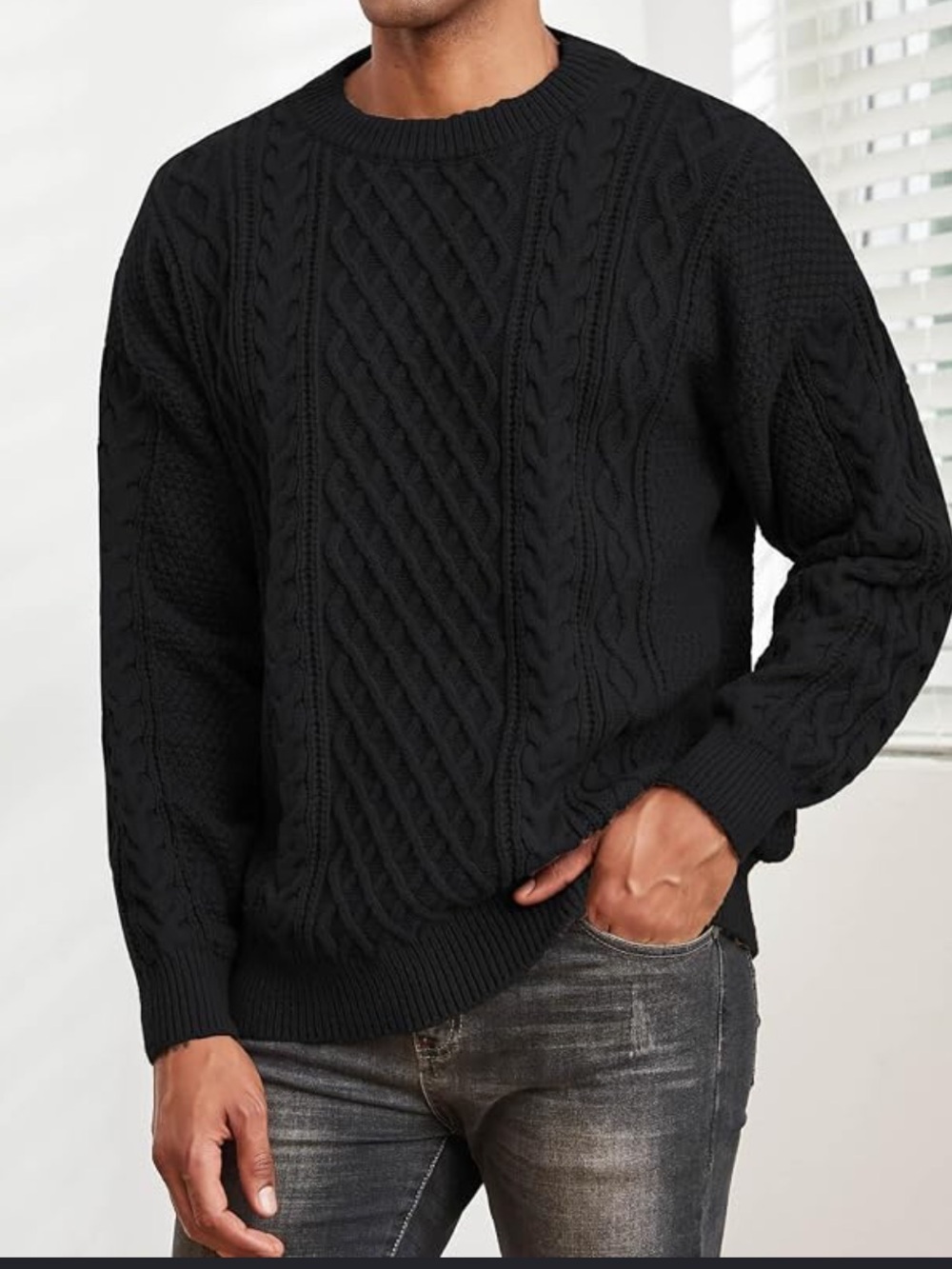 Men's Black Cable-Knit Crewneck Sweater Size XL